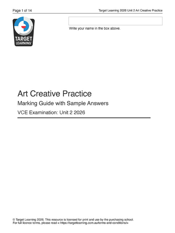 Cover page of 2026 Art Creative Practice Unit 2 Examination by Target Learning, titled "Marking Guide with Sample Answers," includes space for a name. Also useful for Unit 1 VCE Art Creative Practice exam preparation.