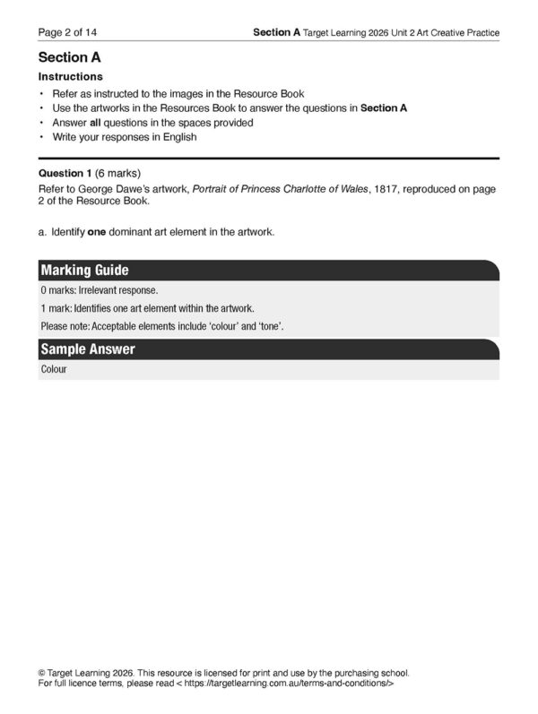 A 2026 Art Creative Practice Unit 2 Examination worksheet with Section A instructions, a question on George Dawe’s 1817 portrait of Princess Charlotte of Wales, a marking guide, and a sample answer using the element ‘Colour’.