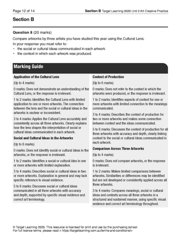 A page from the 2026 Art Creative Practice Unit 2 Examination booklet features a Section B essay question comparing artworks via the Cultural Lens, including a detailed marking guide, two grading criteria, and a performance level grid.