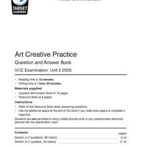 The 2026 Art Creative Practice Unit 2 Examination booklet cover includes sections for student name, instructions, materials needed, a table of contents, and the Target Learning logo at the top left.