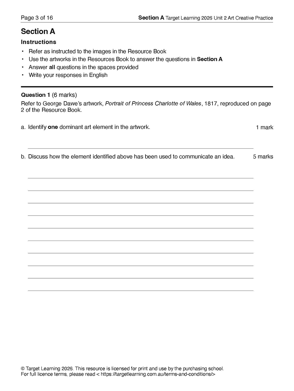 A worksheet for the 2026 Art Creative Practice Unit 2 Examination, titled Section A, asks students to identify an art movement in relation to George Dawe’s 1817 Portrait of Princess Charlotte of Wales and discuss its features, with space for answers.