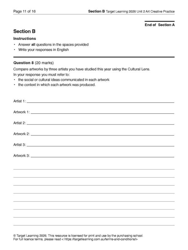 The 2026 Art Creative Practice Unit 2 Examination worksheet has instructions and spaces to analyze three artists' works through a Cultural Lens with lined response sections, making it ideal for VCE or Unit 1 Exam preparation.