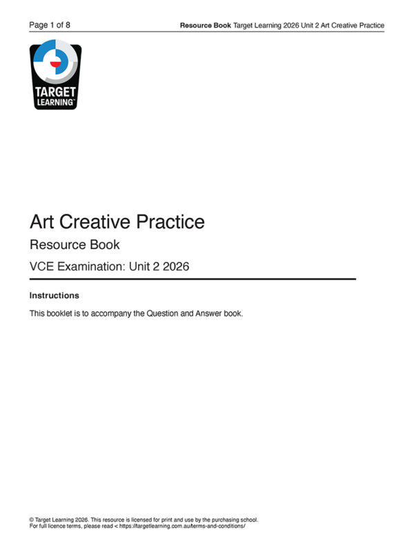 Cover page of the 2026 Art Creative Practice Unit 2 Examination by Target Learning, featuring instructions and copyright details at the bottom.