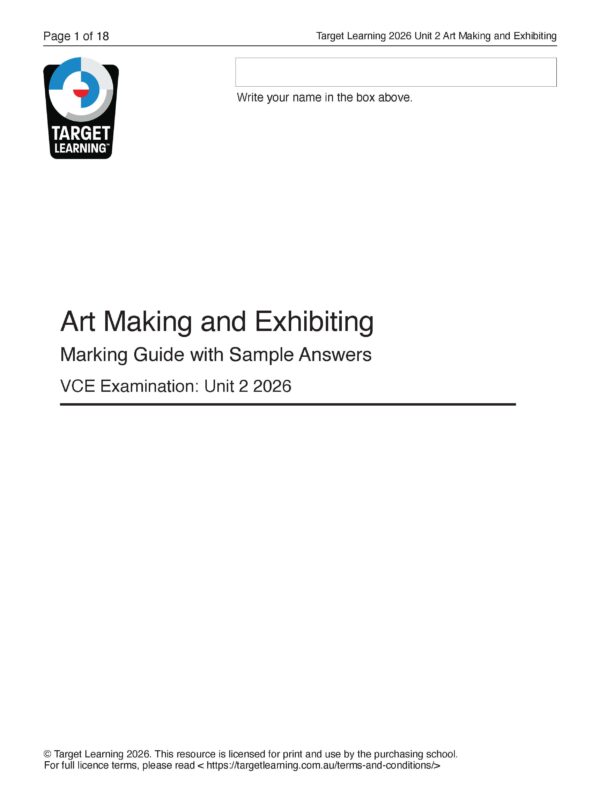 Cover page of a document titled Art Making and Exhibiting: Marking Guide with Sample Answers, referencing the 2026 Art Making & Exhibiting Unit 1 Examination (Copy), with space to write a name.