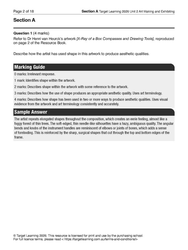 The 2026 Art Making & Exhibiting Unit 1 Examination (Copy) includes a question on Henri van Heruck’s artwork, a five-level marking guide, and a sample answer discussing how shape creates abstract qualities.