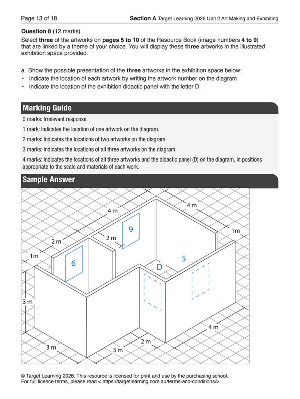 A diagram for the 2026 Art Making & Exhibiting Unit 1 Examination (Copy) shows a gallery with three artworks labeled 5, 8, and 9 on separate walls, including positions, dimensions in meters, instructions, and a clear marking guide.