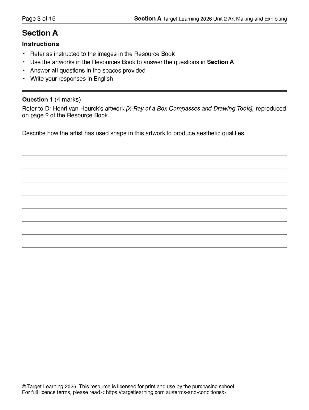 A printed worksheet titled 2026 Art Making & Exhibiting Unit 1 Examination (Copy) features instructions, an artwork question, and copyright info at the bottom—ideal for VCE or Unit 1 Art Making & Exhibiting exams.