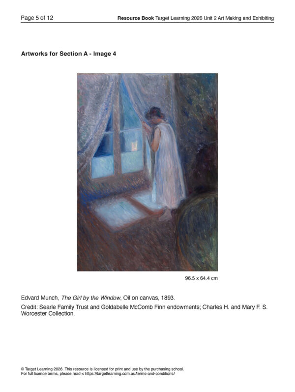 The 2026 Art Making & Exhibiting Unit 1 Examination (Copy) features a painting of a girl in a white dress by a window at dusk, with blue and purple hues filling the dim room and soft light gently illuminating her and the floor.