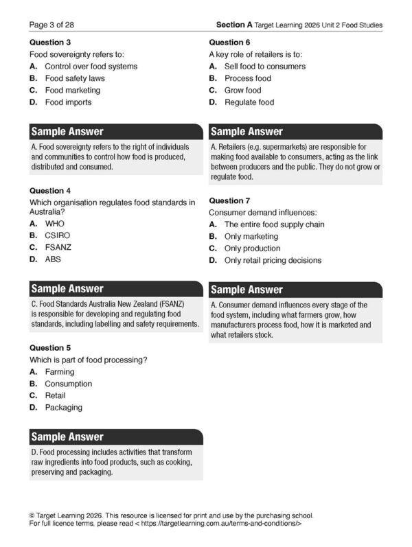 A study guide for the 2026 Food Studies Unit 2 Examination with multiple-choice questions, sample answers, and discussion points on food sovereignty, regulatory organizations, food processing, and marketing.