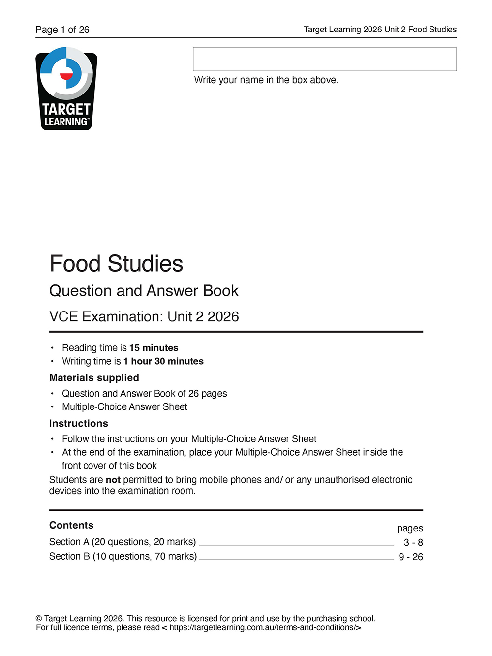 Cover page for the 2026 Food Studies Unit 2 Examination question and answer book, with instructions, contents, and the Target Learning logo in the top left corner.