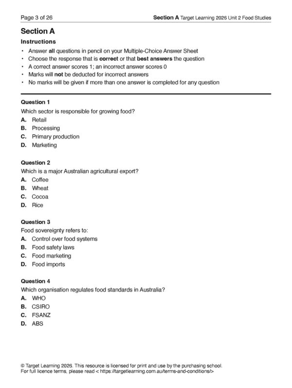 A printed test page from the 2026 Food Studies Unit 2 Examination titled Section A, with multiple-choice questions on food studies. Contains four questions, each with four answer options, instructions at the top, and labeled Page 3 of 26.