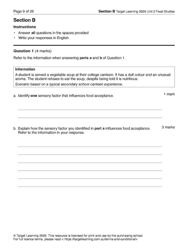 A worksheet page from the 2026 Food Studies Unit 2 Examination features questions on sensory factors and includes a scenario about a student being served soup with dull color and unusual aroma at a college canteen, plus answer space.