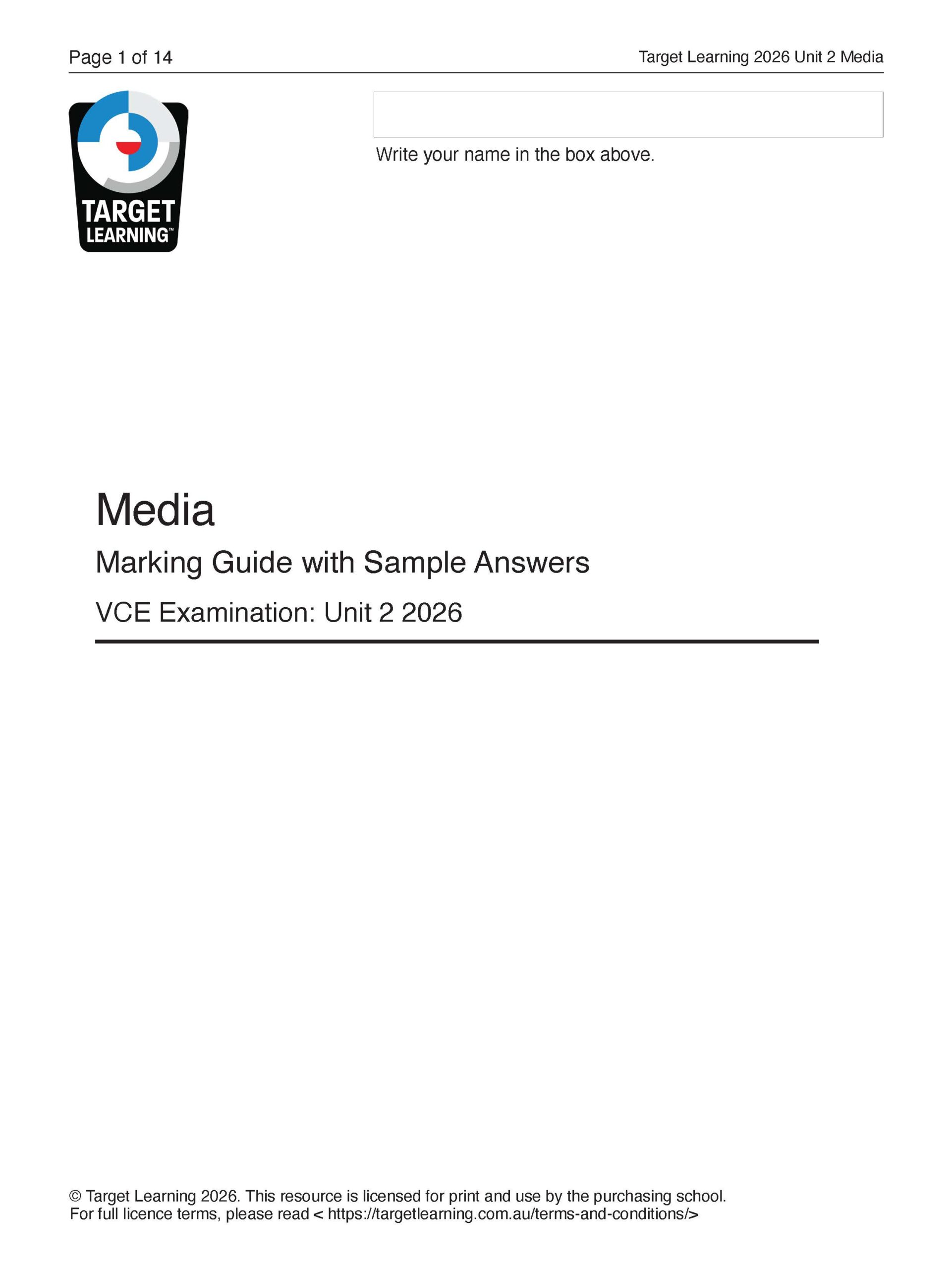 Cover page of 2026 Media Unit 1 Examination (Copy), featuring a Target Learning logo, space at the top for a name, and titled "Media Marking Guide with Sample Answers, VCE Unit 2 Examination: 2026.