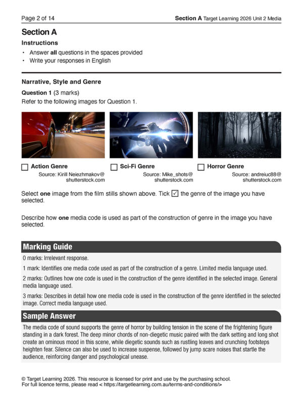 A 2026 Media Unit 1 Examination worksheet displays three scenes—an action-packed red car in a city, a sci-fi blue futuristic skyline, and a horror house beneath a full moon. Students identify the genre for each image.