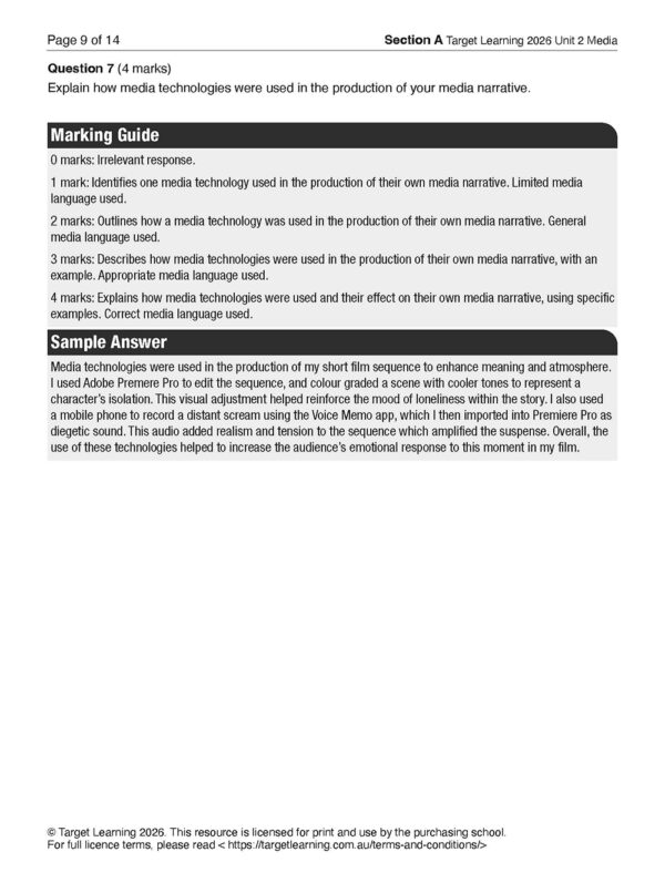 A 2026 Media Unit 2 Examination page features a media technologies question, a 0–4 mark criteria guide, and a sample answer discussing media technology in a student film, with references below.