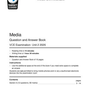 Front page of the 2026 Media Unit 2 Examination booklet with the Target Learning logo, exam instructions, spaces for name and reading time, plus key rules on allowed materials and electronic devices.