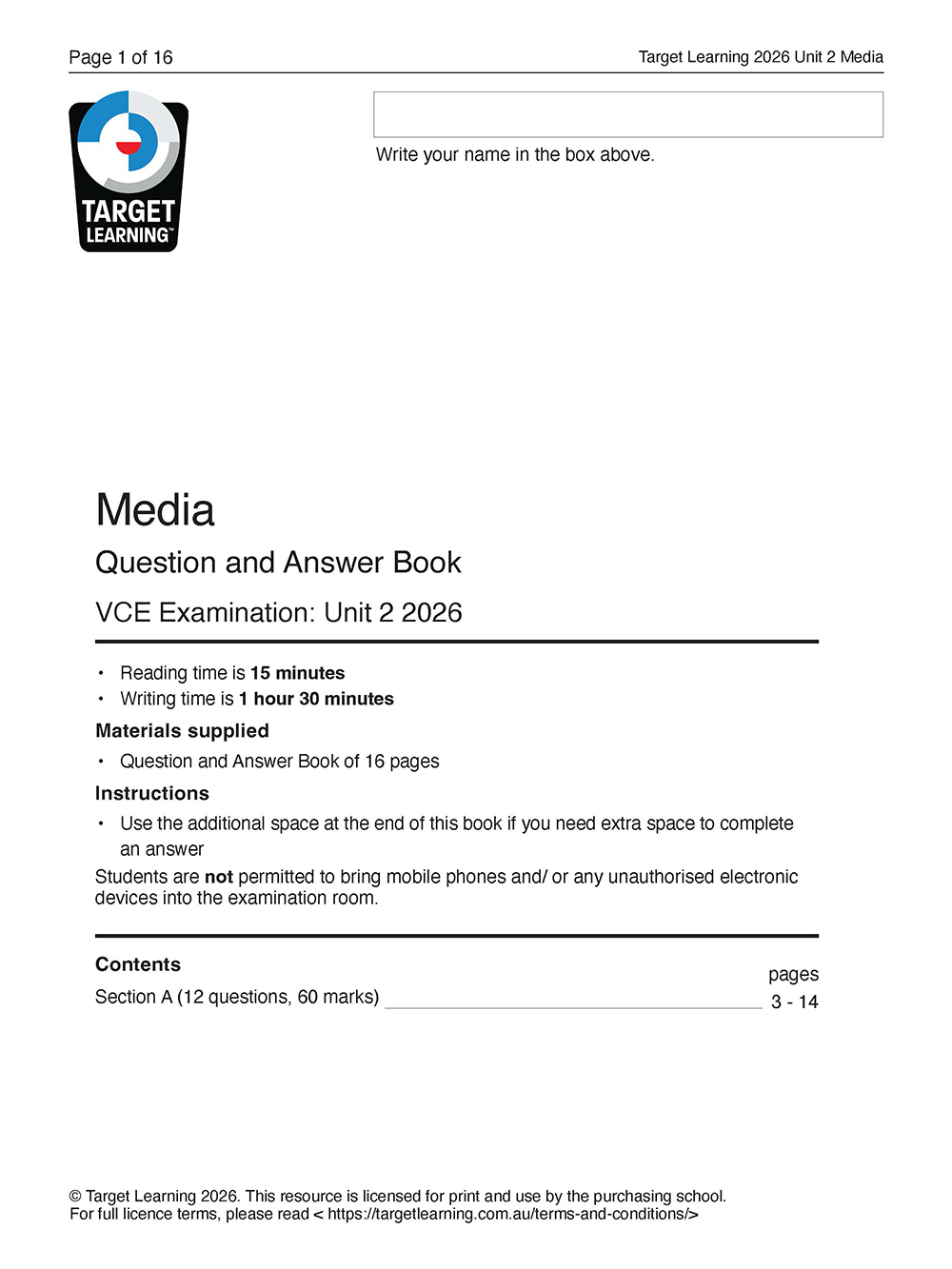 Front page of the 2026 Media Unit 2 Examination booklet with the Target Learning logo, exam instructions, spaces for name and reading time, plus key rules on allowed materials and electronic devices.