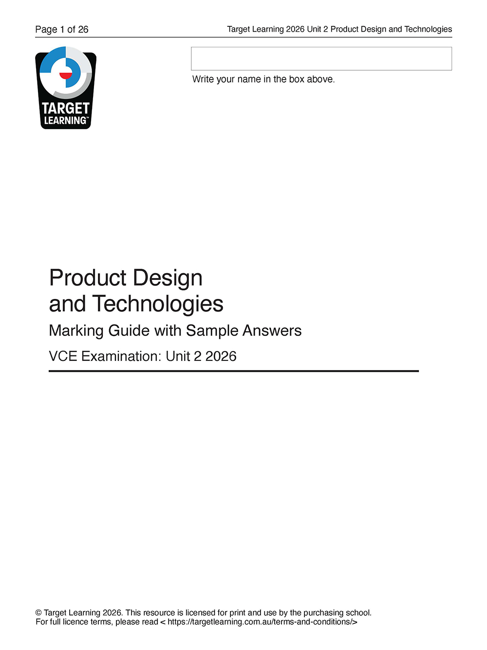 Cover page of the 2026 Product Design and Technologies Unit 2 Examination marking guide, featuring the Target Learning logo at the top left and a space to write a name.