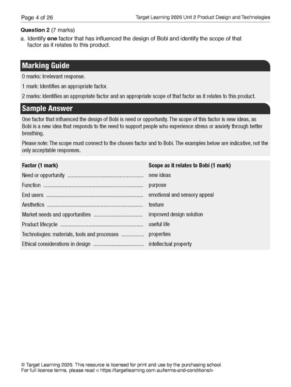 A page from the 2026 Product Design and Technologies Unit 2 Examination presents a design question, marking guide, sample answer, and a table linking factors such as need, function, and aesthetics to their scope for the product Bobi.