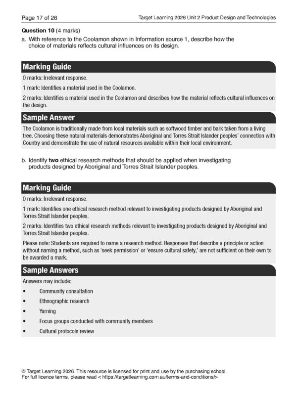 The 2026 Product Design and Technologies Unit 2 Examination worksheet includes a design and technology question, marking guide, sample answer on Aboriginal and Torres Strait Islander cultural influence on materials, plus two research methods.