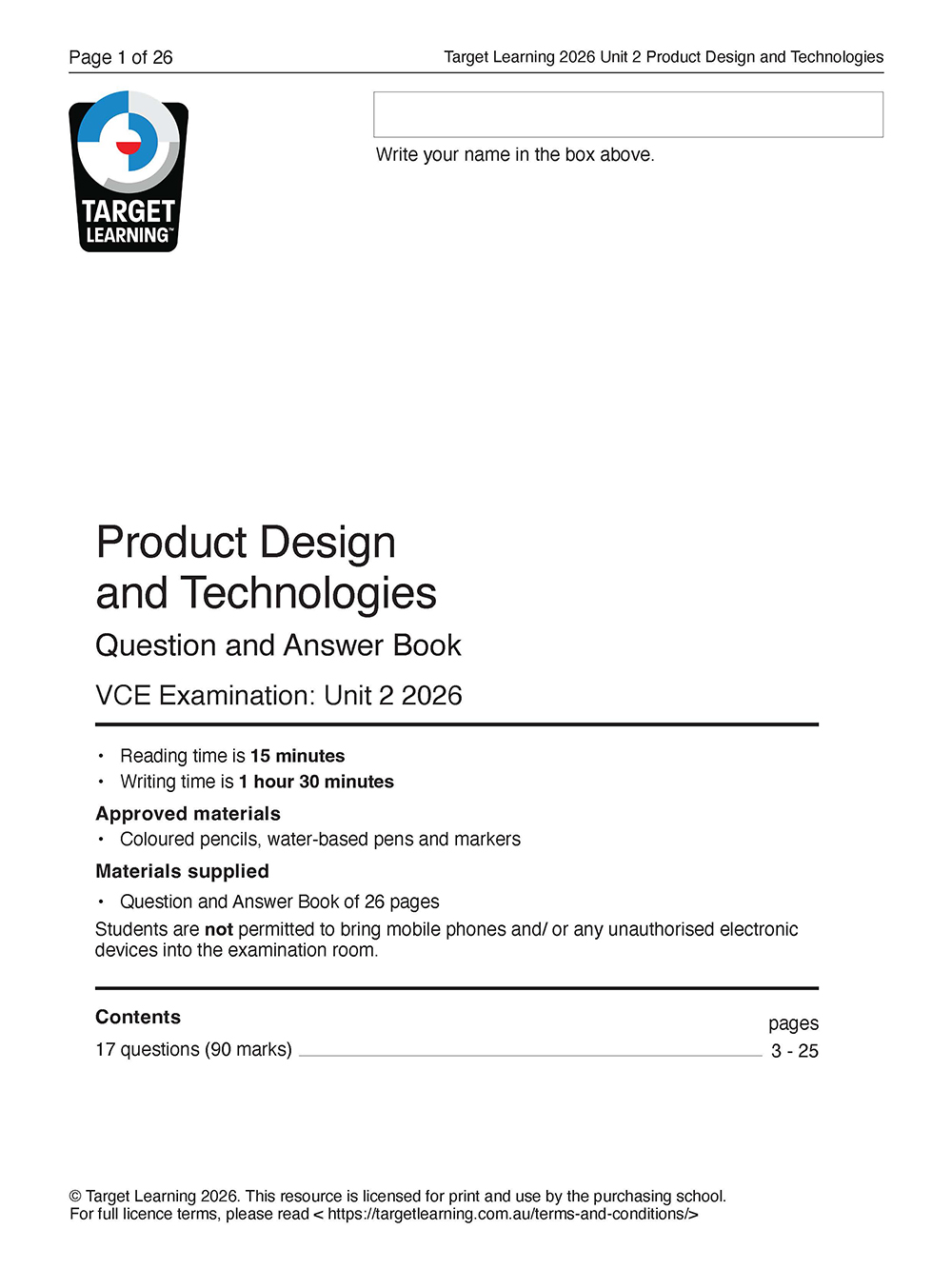 The cover page of the 2026 Product Design and Technologies Unit 2 Examination Question and Answer Book lists instructions, approved materials, exam details, and features the Target Learning logo at the top left.