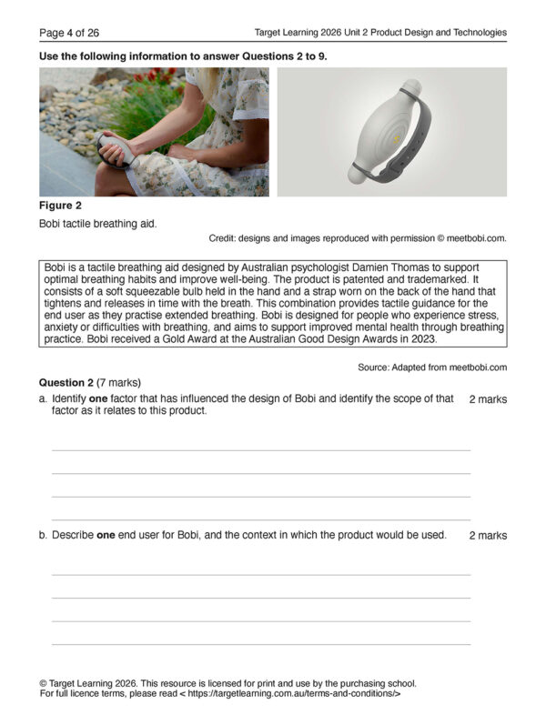 A person holds the Bodi tactile breathing aid—a small oval device with a strap—ideal for managing stress and supporting relaxation during the 2026 Product Design and Technologies Unit 2 Examination.