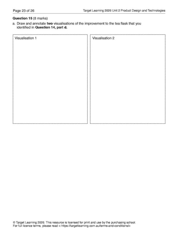A worksheet page for the 2026 Product Design and Technologies Unit 2 Examination, featuring two large labeled boxes—Visualisation 1 and Visualisation 2—for students to draw and annotate flask improvement ideas, with clear instructions above.