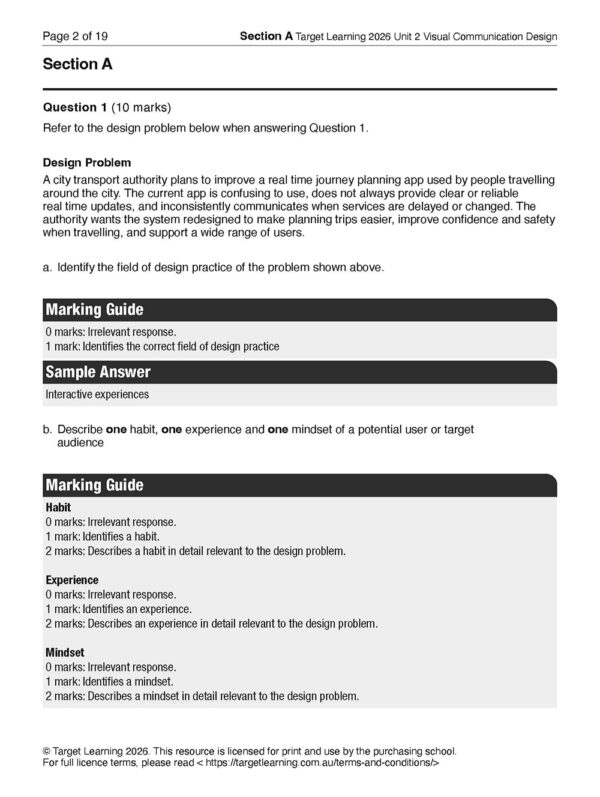 A textbook page with the heading Section A features the 2026 VCD Unit 2 Examination, highlighting a public transport design problem, marking guides, required responses, grading scheme, sample answers, and marking criteria.