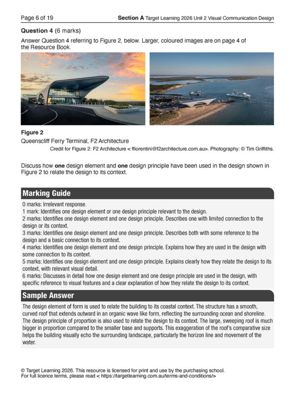 A sample 2026 VCD Unit 2 Examination question asks students to analyze design elements and principles in a photo of the Queenscliff Ferry Terminal. The marking guide below shows point allocations for each response level.