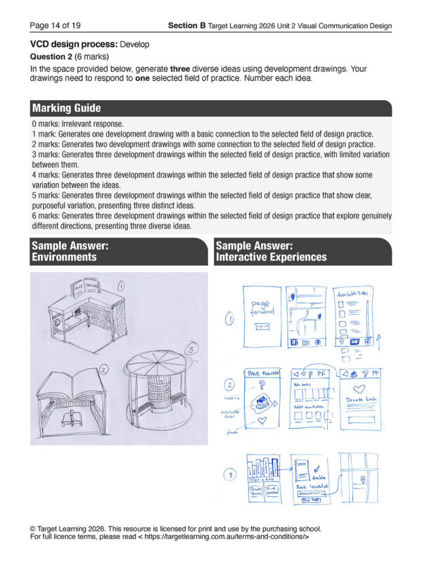 The 2026 VCD Unit 2 Examination worksheet includes a design exam question on developing ideas, a marking guide, and two columns displaying student sketch samples for Environments and Interactive Experiences.