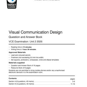 The 2026 VCD Unit 2 Examination cover page includes instructions, permitted materials, and contents. It features space for the student’s name at the top and the Target Learning logo on the left.