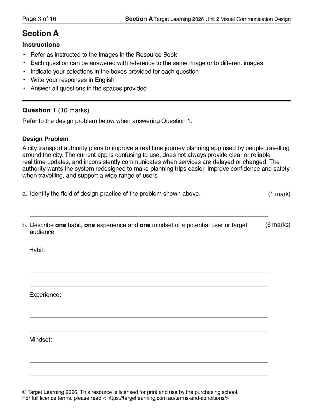 The 2026 VCD Unit 2 Examination worksheet includes instructions, a city transport design problem, and two questions with space for written answers.