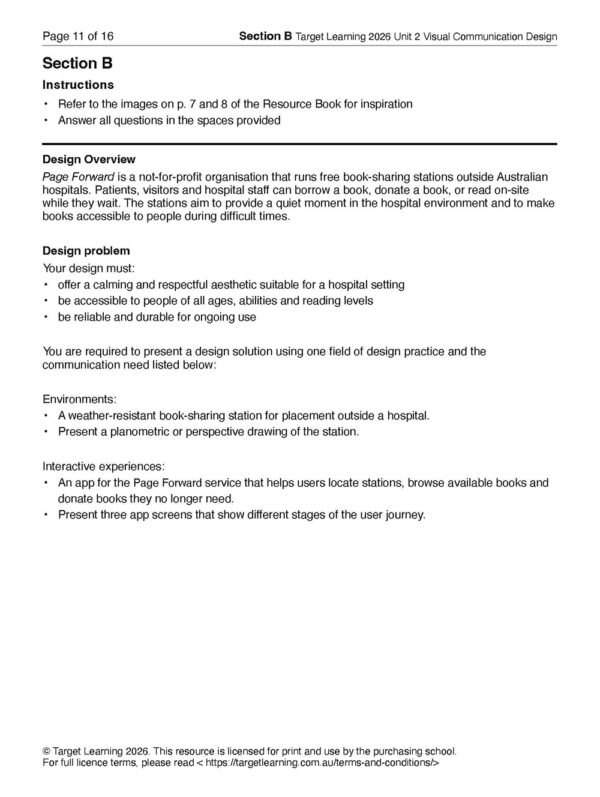 A printed Section B instructional page from the 2026 VCD Unit 2 Examination gives a design overview for a hospital book-sharing station, including instructions, objectives, and design criteria.