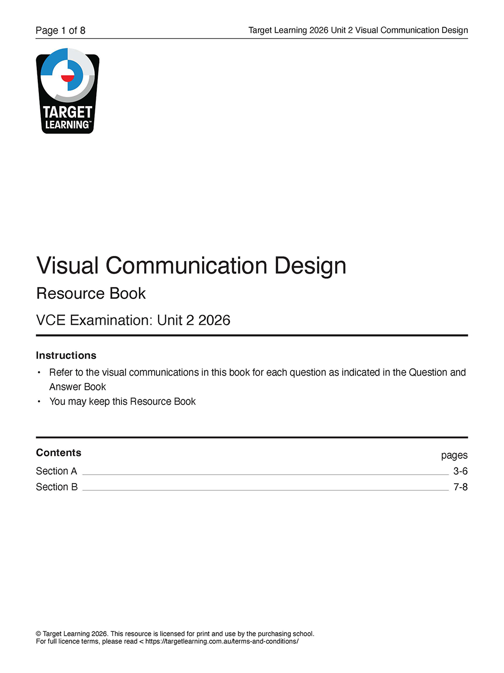 Cover page for the 2026 VCD Unit 2 Examination, displaying the Target Learning logo and clearly labeled sections for instructions and contents.