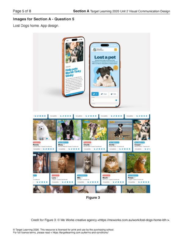 The 2026 VCD Unit 2 Examination features a digital app screen with a blue background showing a lost dog alert and photo, plus a grid of dog images with names and details, like a pet adoption or lost dog search app.