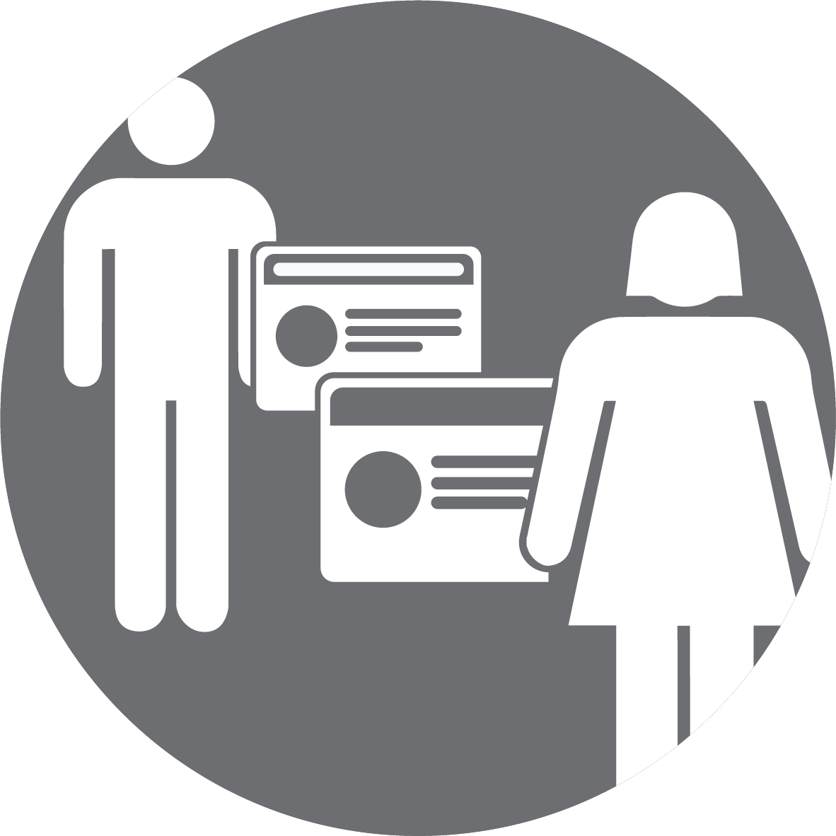Two simplified human figures, one male and one female, each holding an identification card, depicted in white on a gray circular background.