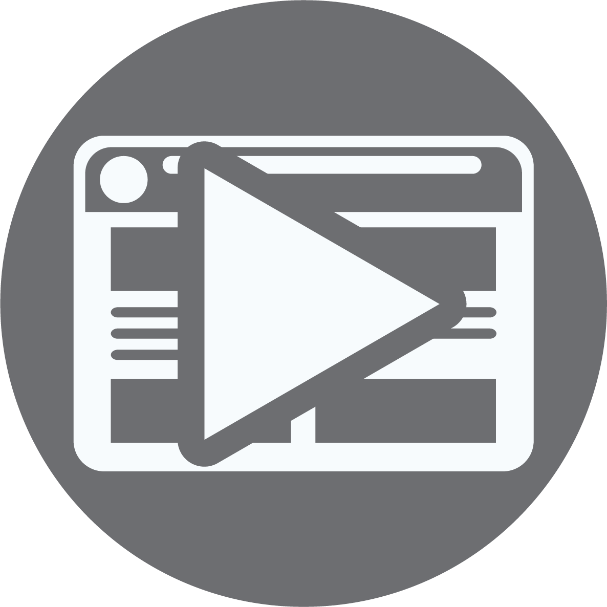 A large play button icon overlays a web page layout, symbolizing online video content, inside a gray circle.