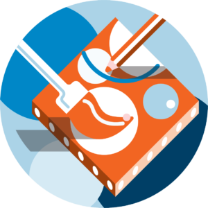 Stylized illustration of a surgical procedure on an orange surface, with medical tools interacting with abstract anatomical shapes in a blue and white circular background.
