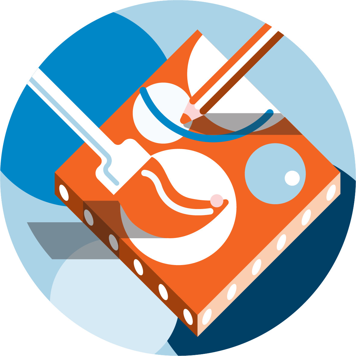 Stylized illustration of a surgical procedure on an orange surface, with medical tools interacting with abstract anatomical shapes in a blue and white circular background.