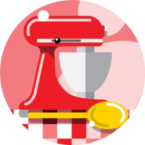 Illustration of a red stand mixer with a silver bowl and a yellow spoon, set on a red and white checkered surface with a pink background.