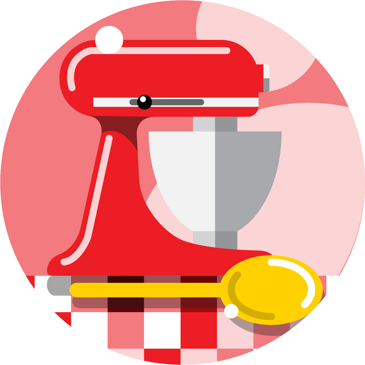 Illustration of a red stand mixer with a silver bowl and a yellow spoon, set on a red and white checkered surface with a pink background.