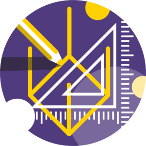 A graphic features geometric shapes, a pencil, and a ruler on a purple background with yellow and white accents, symbolizing mathematics or design.