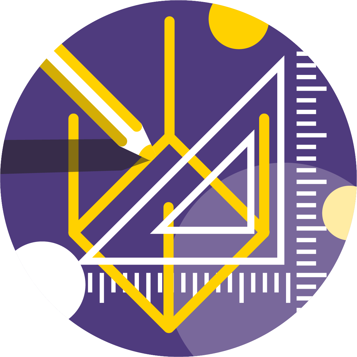 A graphic features geometric shapes, a pencil, and a ruler on a purple background with yellow and white accents, symbolizing mathematics or design.