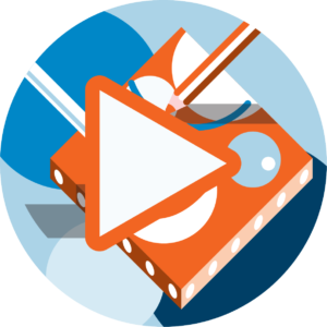An abstract illustration with geometric shapes, featuring a large white play button on an orange rectangle with circles, set against a blue circular background.