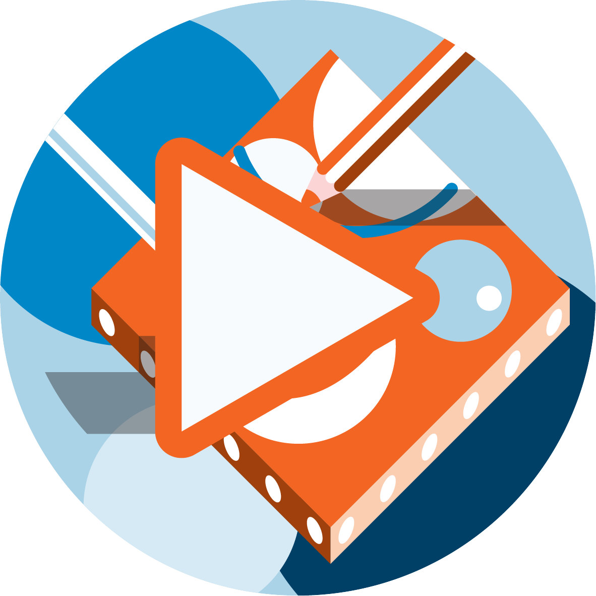 An abstract illustration with geometric shapes, featuring a large white play button on an orange rectangle with circles, set against a blue circular background.