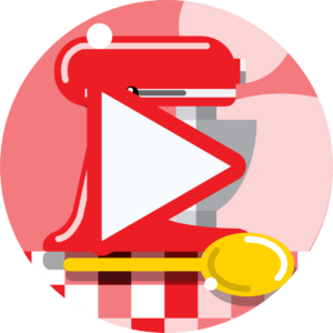 A red stand mixer with a large white play button overlay, a yellow spoon in front, set against a pink background with a red and white checkered surface.