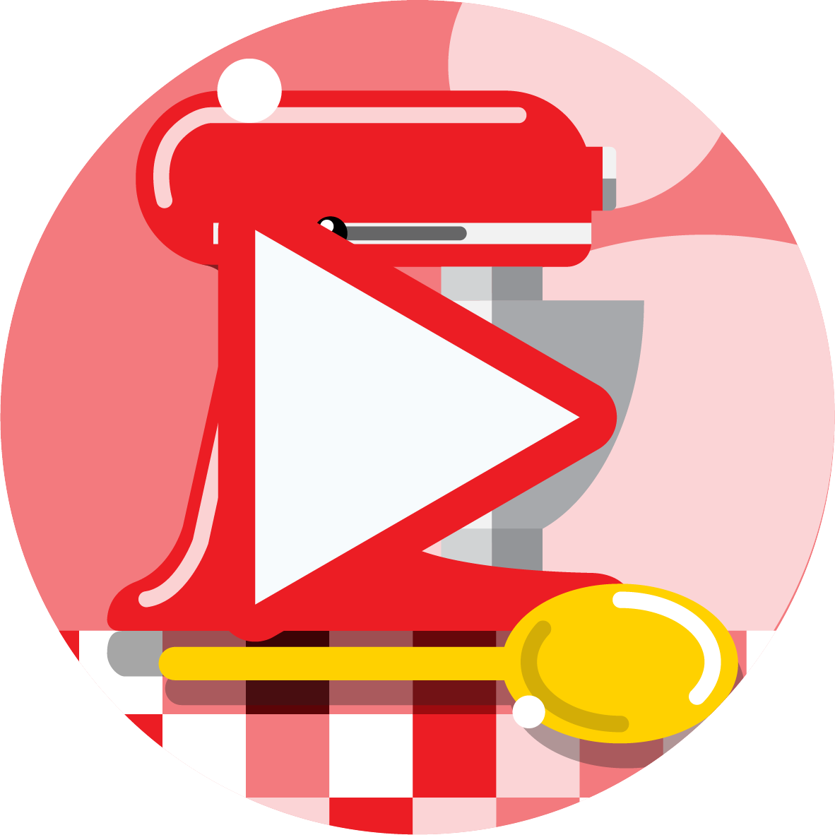 A red stand mixer with a large white play button overlay, a yellow spoon in front, set against a pink background with a red and white checkered surface.