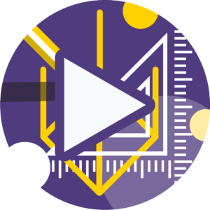 A white play button with yellow arrows and geometric shapes on a purple circular background, featuring lines, dots, and rulers.